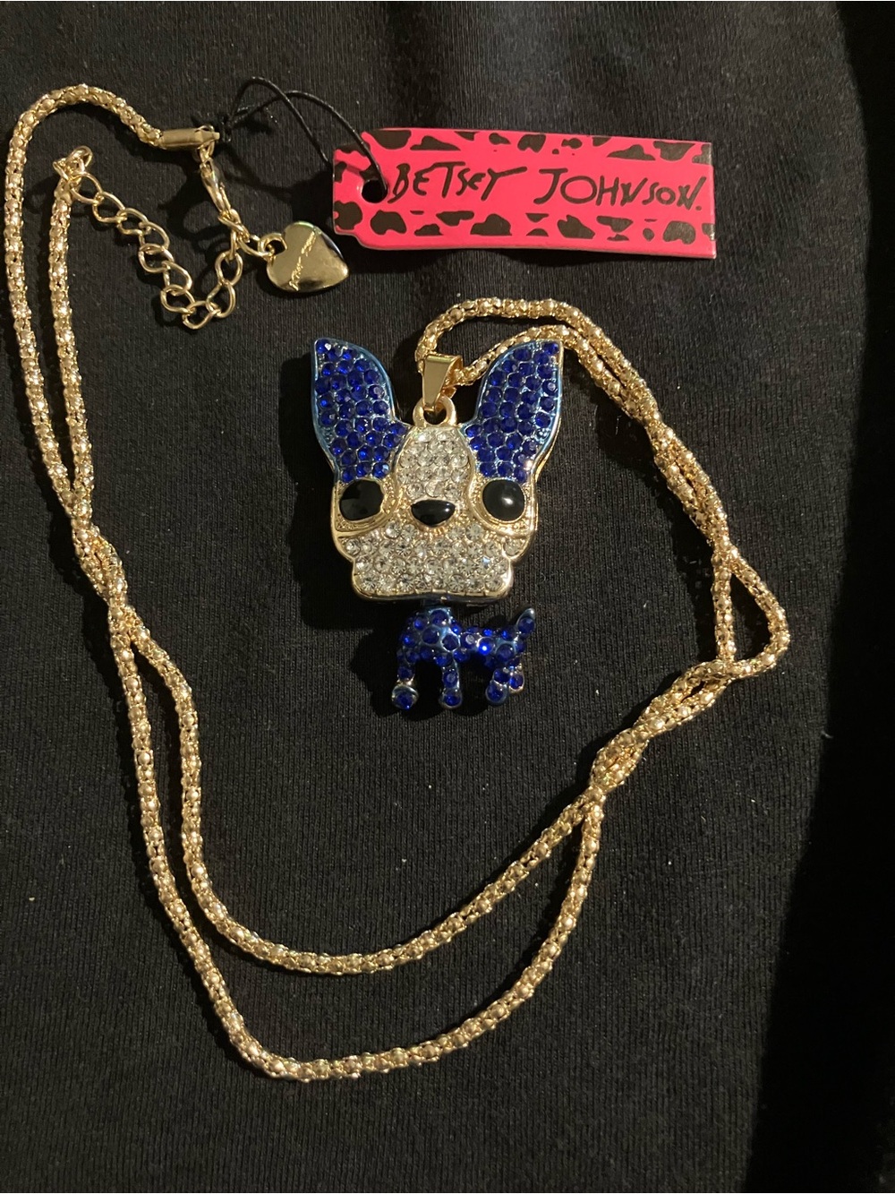 NWT Betsey Johnson 3D Articulated Blue Crystal Puppy Dog Pendant Necklace